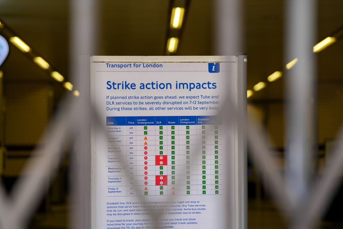 This photo taken on Sept. 8, 2025 shows the locked entrance gate of Baker Street Station on the London Underground with a notices of strike posted inside the station in London, Britain. (Xinhua/Wu Lu)
