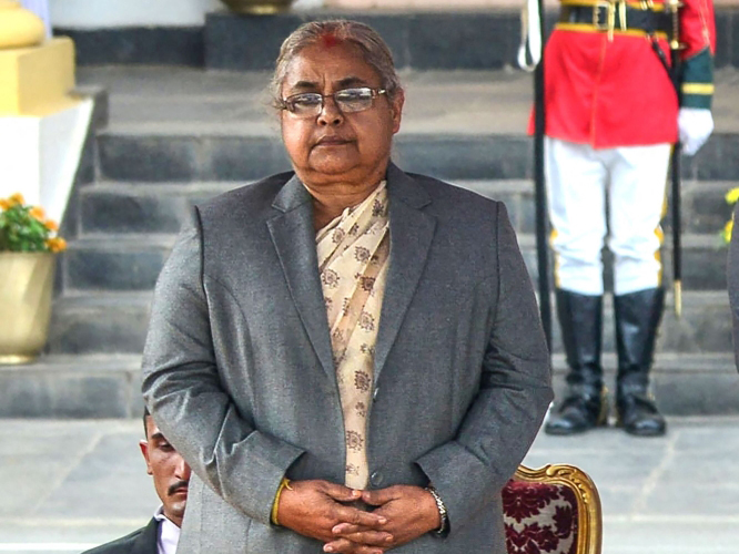 (Files) Nepal's Chief Justice Sushila Karki attends the swearing-in ceremony of the country's newly elected Prime Minister Pushpa Kamal Dahal (not pictured) at the President House in Shital Niwas in Kathmandu on August 4, 2016. (Photo by Prakash Mathema / AFP)