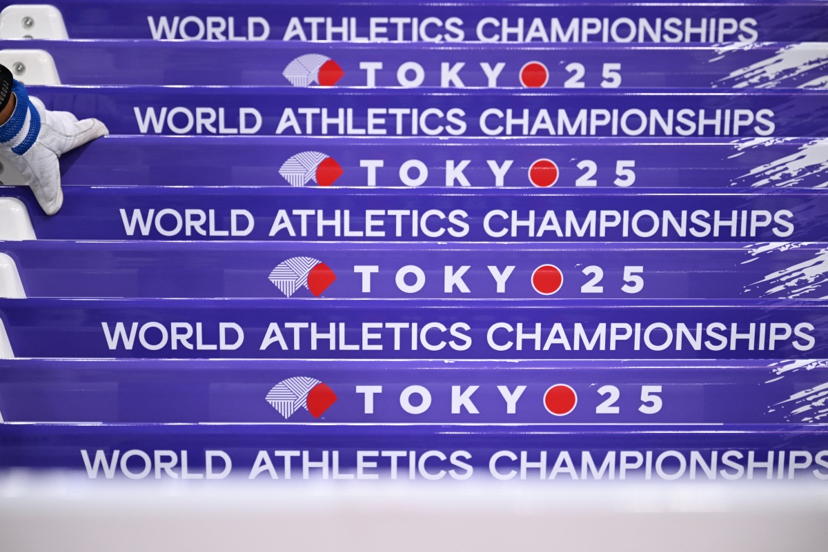 Hurdles are arranged at the National Stadium in Tokyo on September 12, 2025, ahead of the World Athletics Championships. (Photo by Kirill KUDRYAVTSEV / AFP)

