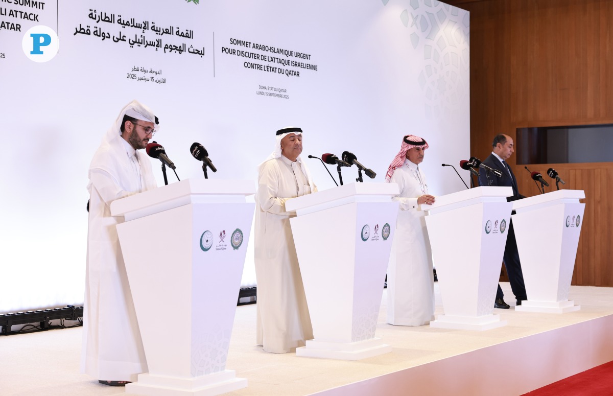 Officials addressing the press conference yesterday on the sidelines of the Emergency Arab-Islamic Summit. Pic: Rajan Vadakkemuriyil/The Peninsula