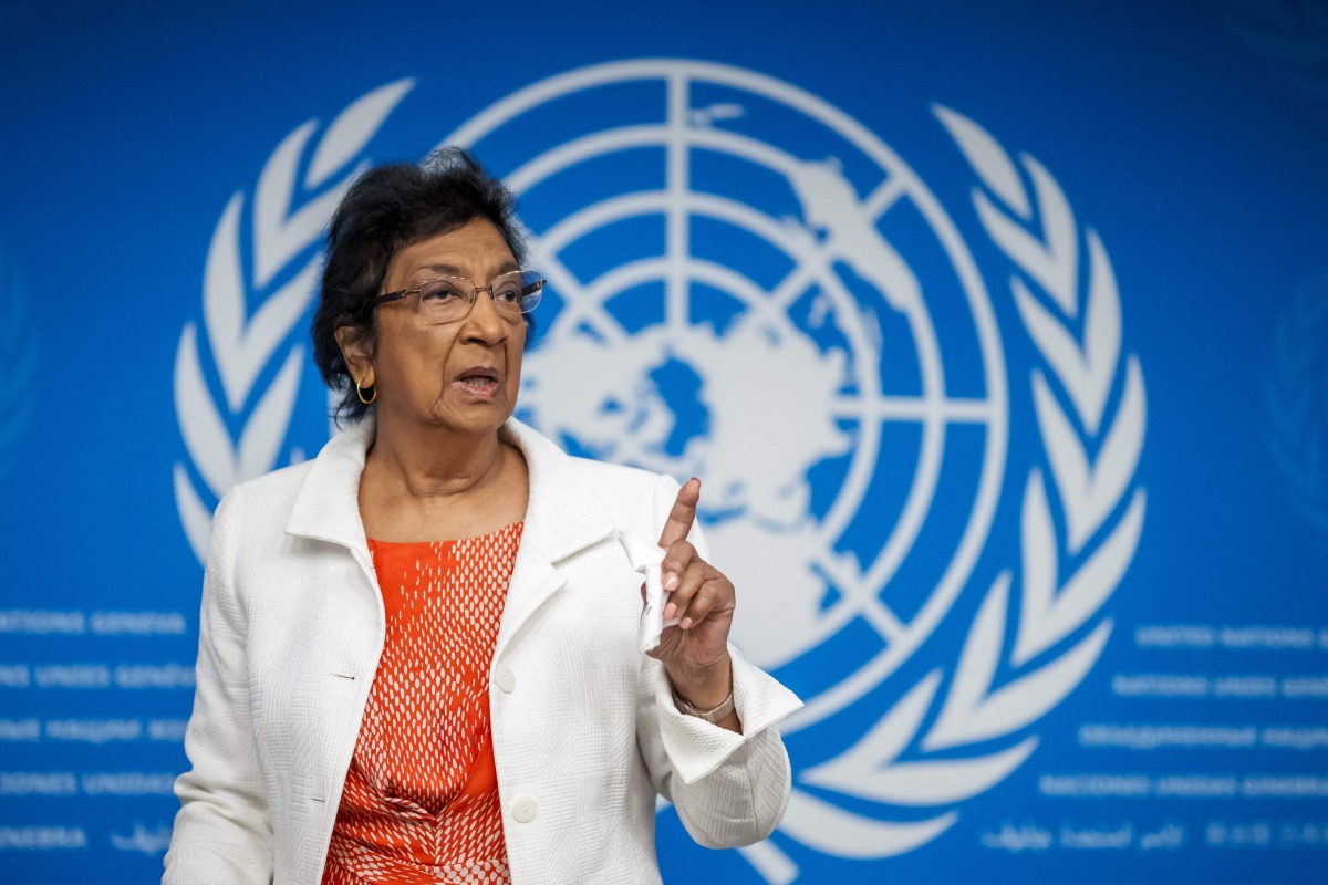 Chair of the Independent International Commission of Inquiry on the Occupied Palestinian Territory, including East Jerusalem, and Israel, South African judge Navi Pillay, gestures after a press conference in Geneva on September 16, 2025. Photo by Fabrice COFFRINI / AFP