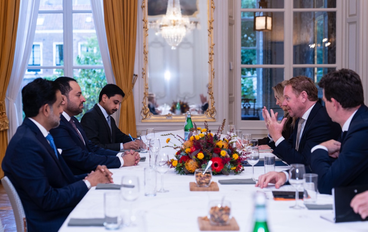 Minister of State at the Ministry of Foreign Affairs H E Dr. Mohammed bin Abdulaziz bin Saleh Al Khulaifi meeting Minister of Foreign Affairs of the Netherlands H E David van Weel in The Hague yesterday.
