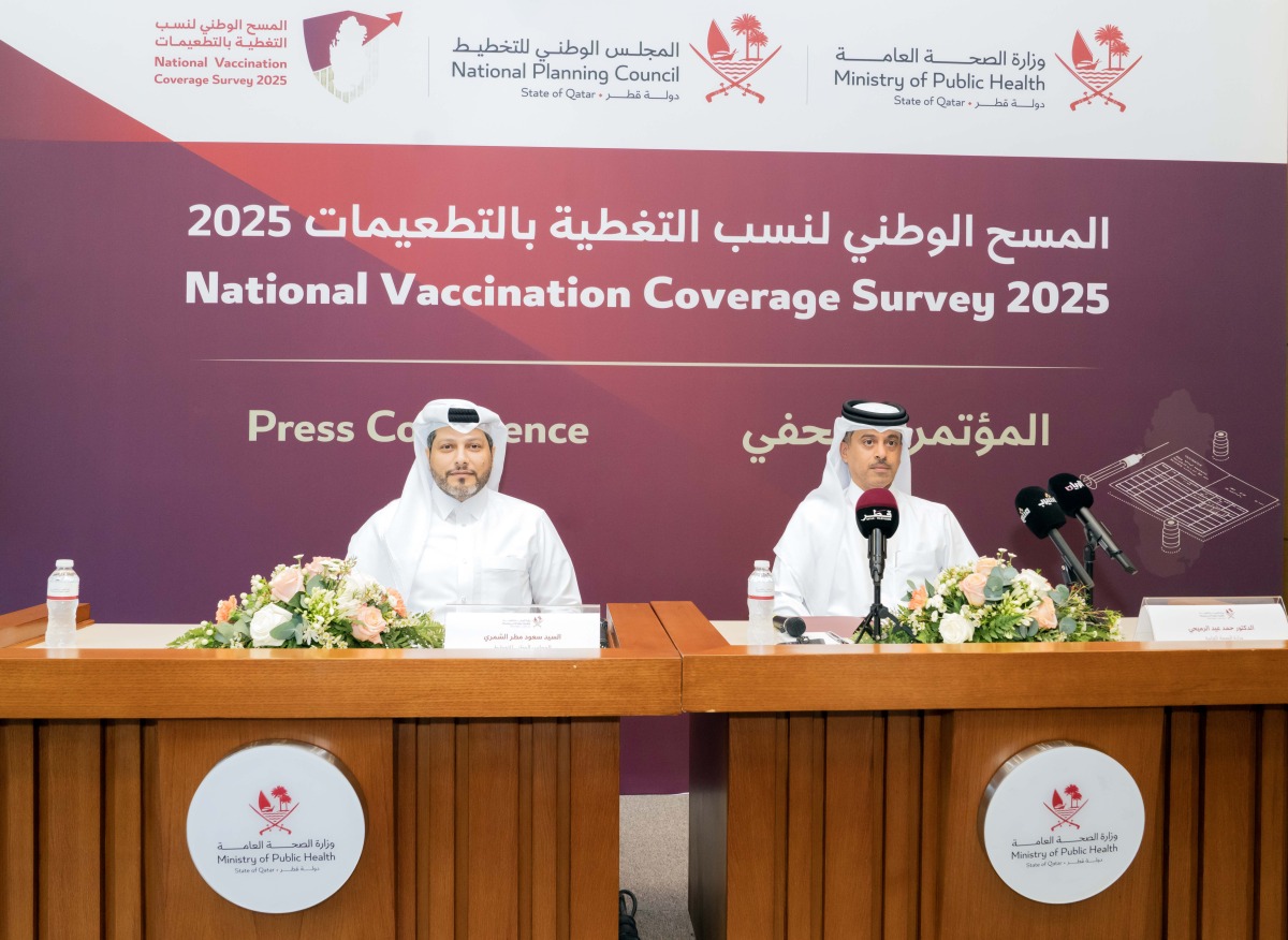 Director of the Health Protection and Communicable Disease Control Department at the Ministry Dr. Hamad Eid Al-Rumaihi  and Director of Statistical Operations at the National Planning Council Saud Matar Al-Shammari during the press conference. 