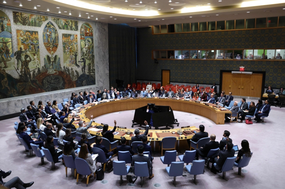 A general view shows the United Nations Security Council meeting on the situation in Gaza, at UN headquarters in New York on September 18, 2025.  (Photo by Angela Weiss / AFP)
