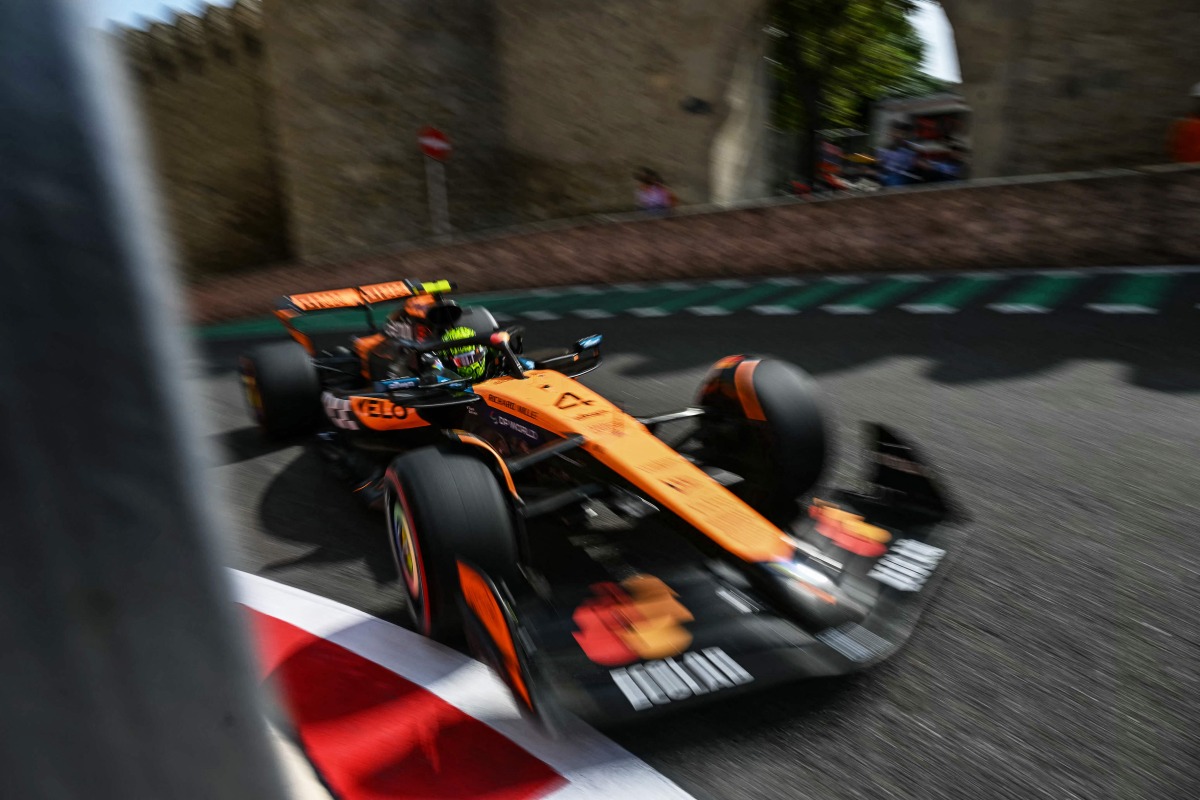 McLaren's British driver Lando Norris drives during a practice session of the Formula One Azerbaijan Grand Prix at the Baku City Circuit in Baku on September 19, 2025. (Photo by Ozan KOSE / AFP)
