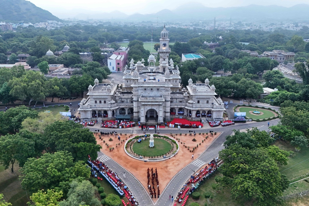 This aerial photograph taken on August 15, 2025 shows a general view of the main building at the Mayo College school in Ajmer. (Photo by Himanshu Sharma / AFP)