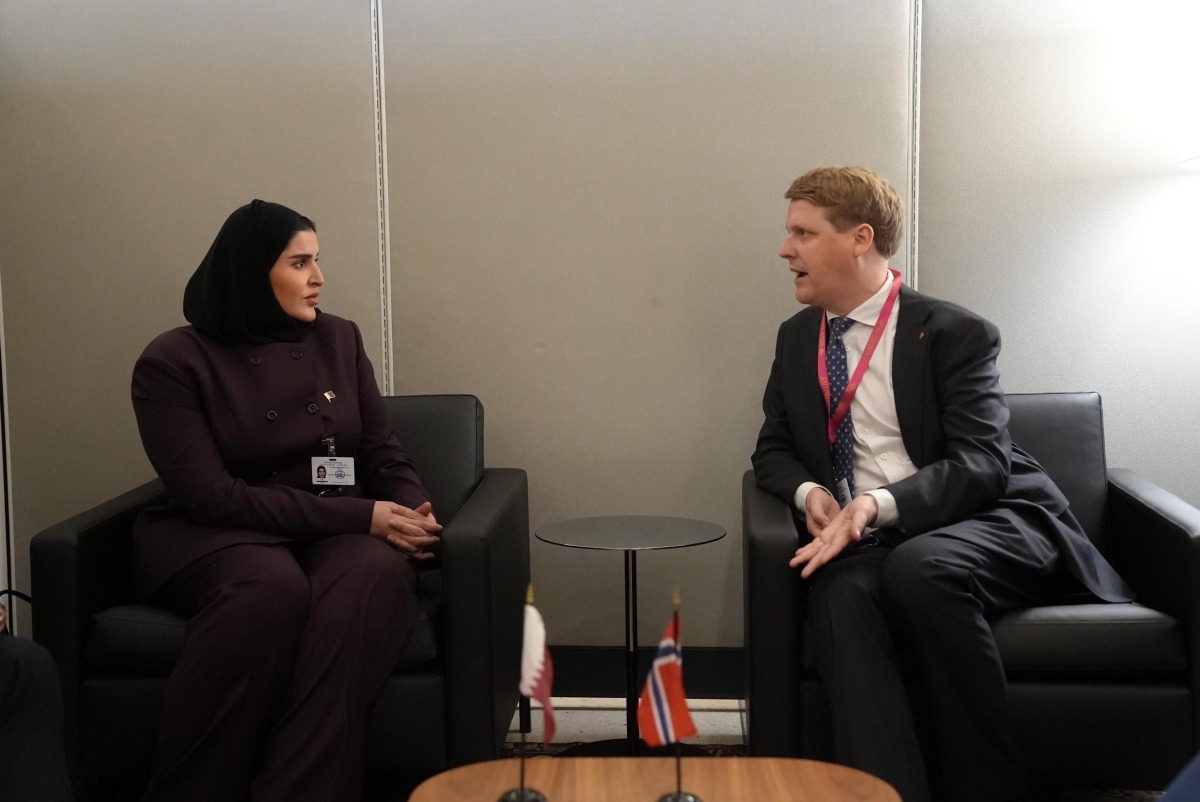 Minister of State for International Cooperation H E Dr. Maryam bint Ali bin Nasser Al Misnad meeting with Minister of International Development of the Kingdom of Norway H E Asmund Aukrust on the sidelines of the 80th session of the United Nations General Assembly in New York.