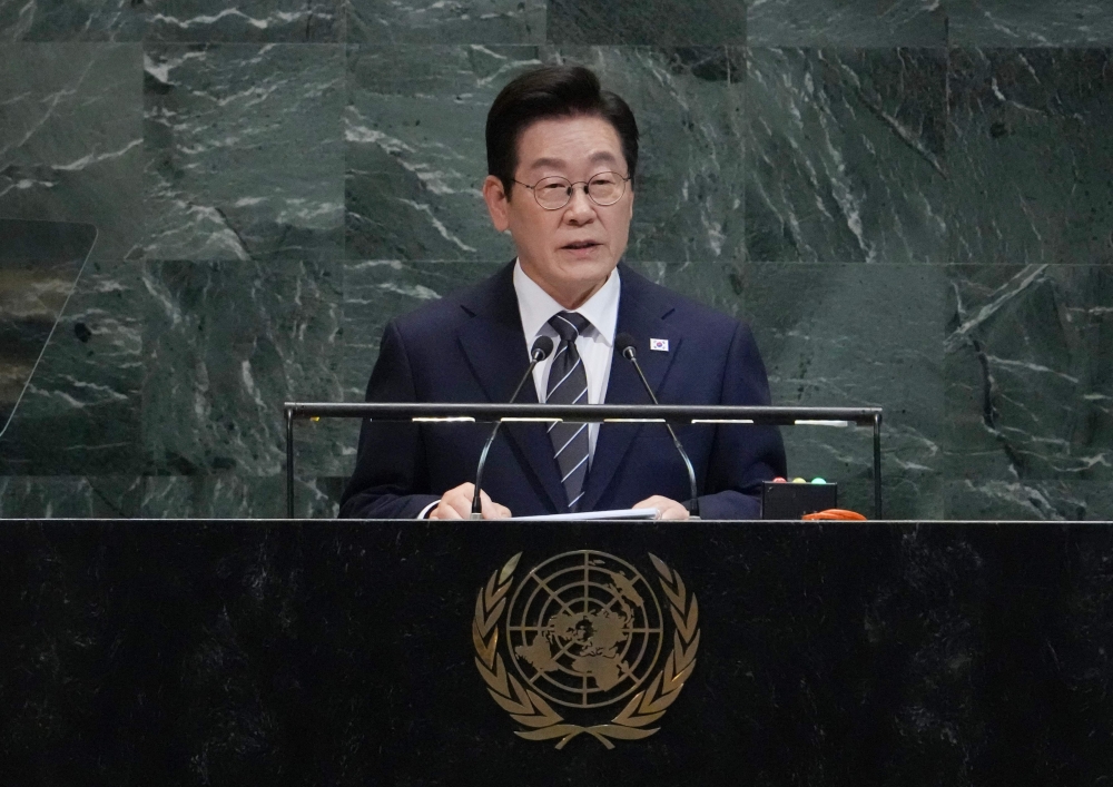 South Korea's President Lee Jae Myung speaks during General Debate of the United Nations General Assembly at the UN headquarters in New York City on September 23, 2025. (Photo by Timothy A Clary / AFP)