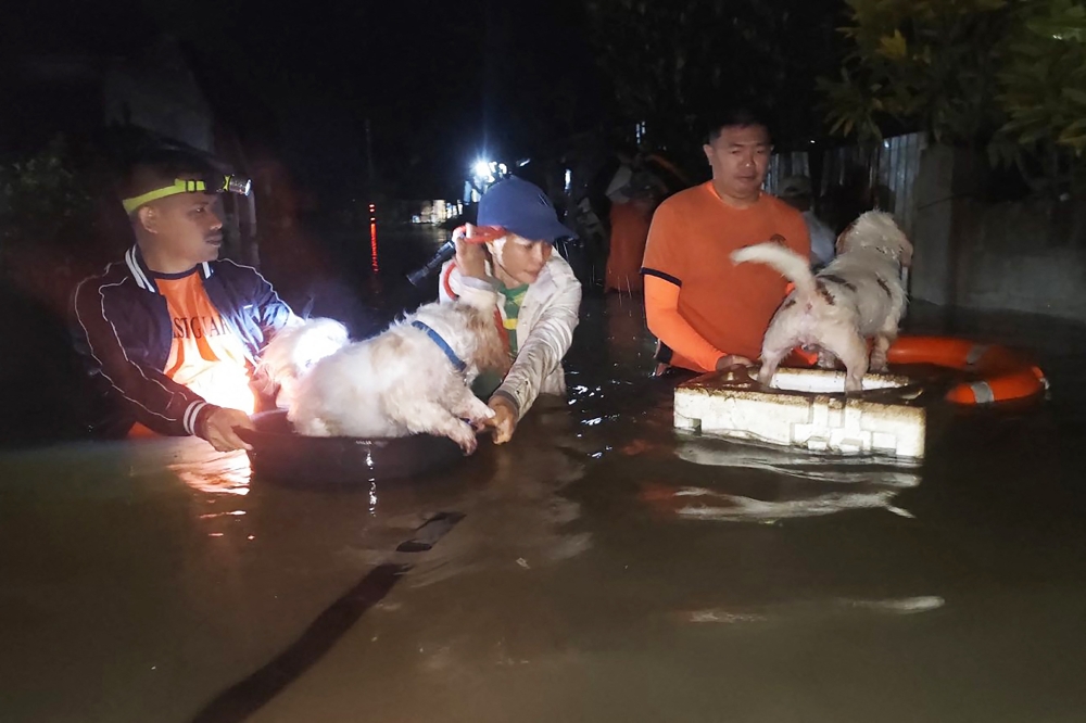 :In this handout photo taken early September 26, 2025 and released by the Philippine Coast Guard (PCG), coast guard personnel evacuate residents along with their pets at the height of Severe Tropical Storm Bualoi in Ormoc City, Leyte province, central Philippines. (Photo by Handout / Philippine Coast Guard (PCG) / AFP)

