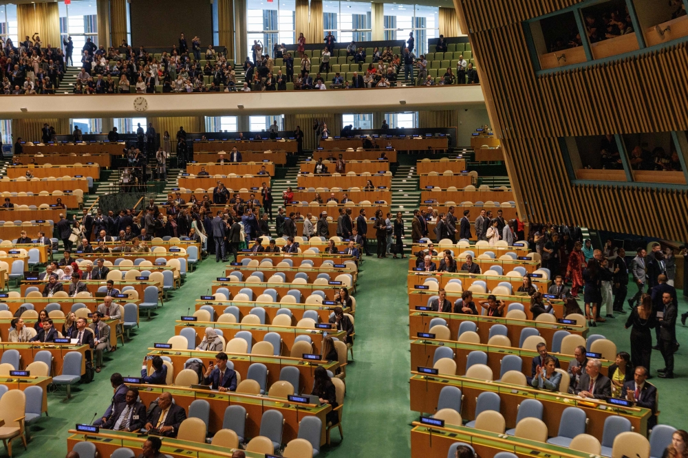 People walk out of Israeli Prime Minister Benjamin Netanyahu speech at the 80th session of the United Nations General Assembly (UNGA) on September 26, 2025 in New York City. Alexi J. Rosenfeld/Getty Images/AFP 