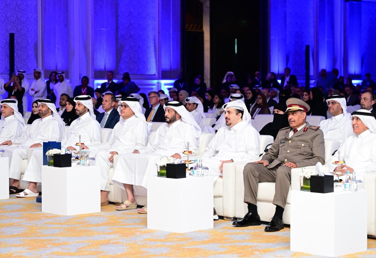 Minister of Communications and Information Technology, H E Mohammed bin Ali Al Mannai; Minister of Municipality, H E Abdullah bin Hamad bin Abdullah Al Attiyah; NCSA President, Eng. Abdulrahman bin Ali Al Farahid Al Malki; and other officials and delegates at the opening session of the conference. 