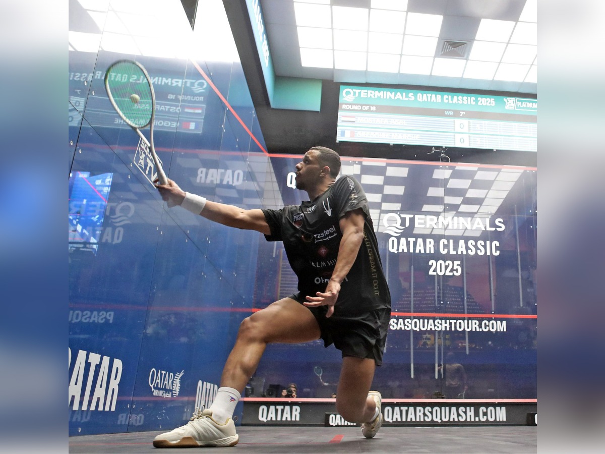 Egypt's Mostafa Asal in action against Frenchman Gregoire Marche.