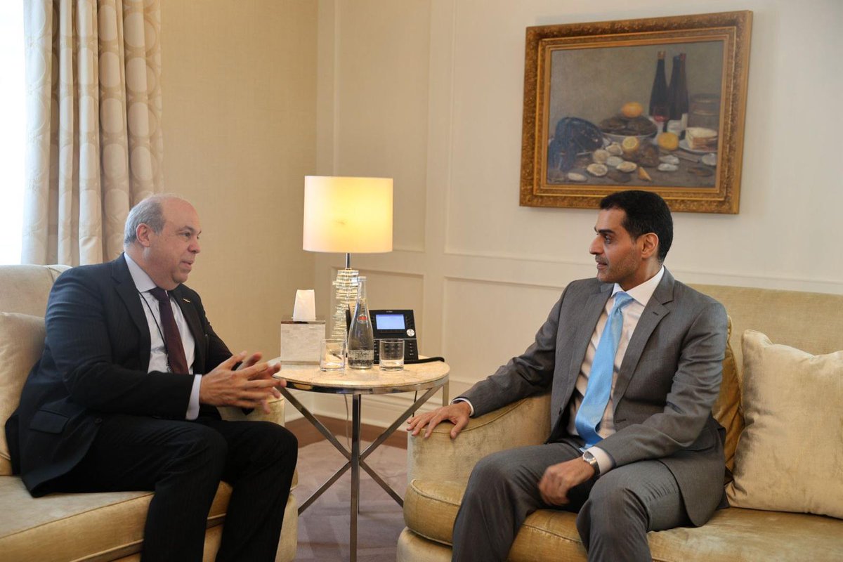 Minister of Transport H E Sheikh Mohammed bin Abdulla bin Mohammed Al-Thani with Minister of Civil Aviation of Egypt H E Dr. Sameh Ahmed El Hafny 