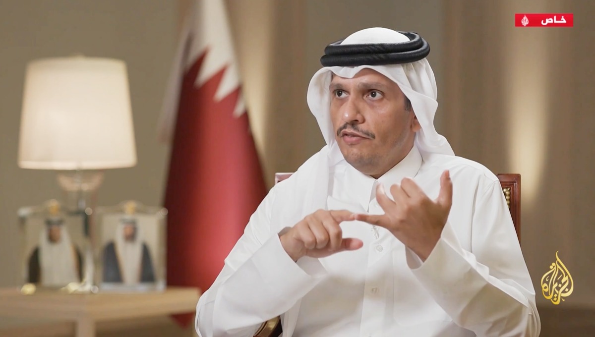 Prime Minister and Minister of Foreign Affairs H E Sheikh Mohammed bin Abdulrahman bin Jassim Al-Thani during the interview with Al Jazeera.