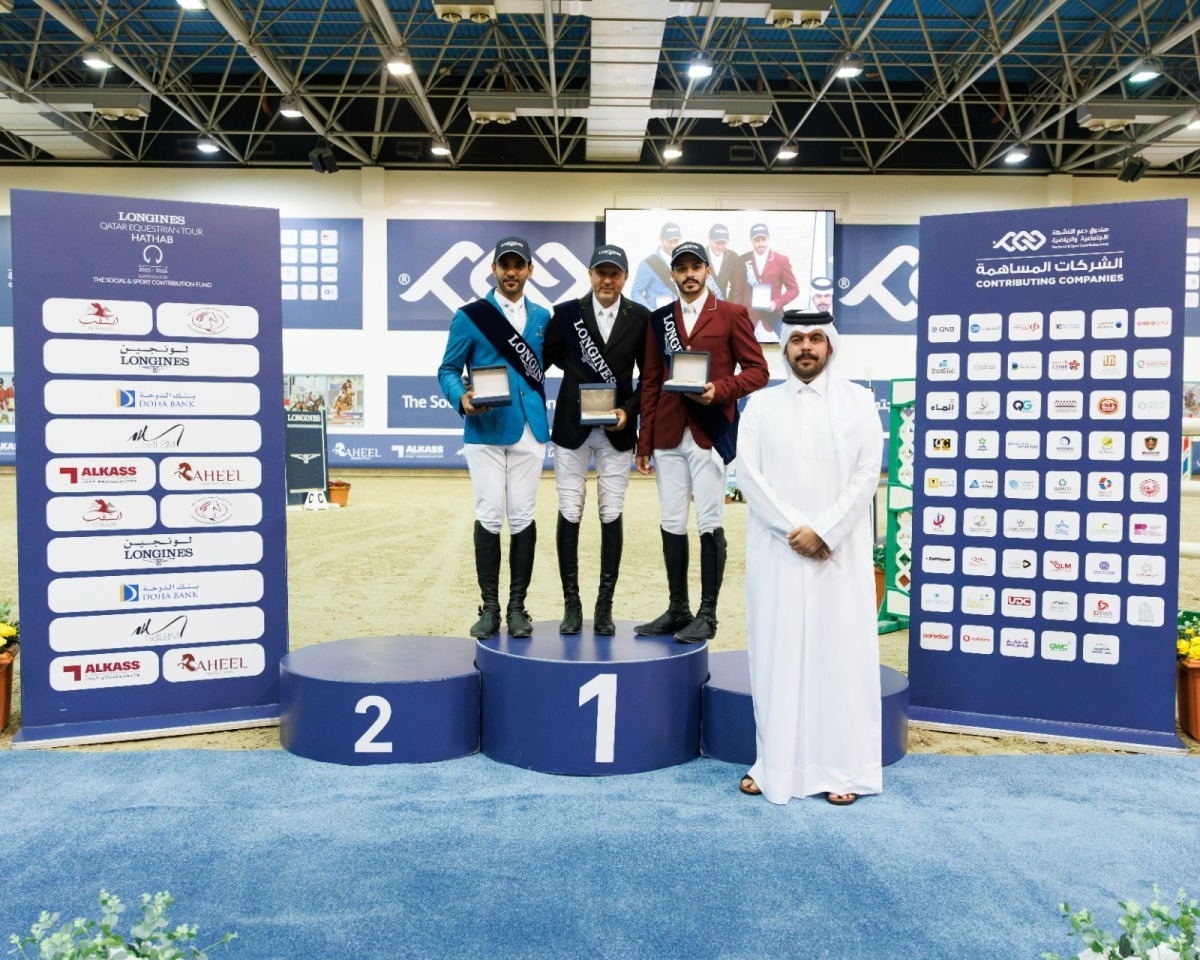 Diamond Tour podium winners Khaled Al Eid, Mohammed Saeed Haidan and Hamad Nasser Al Qadi were awarded with their prizes by Longines Hathab Event Director Abdulla Al Marri.