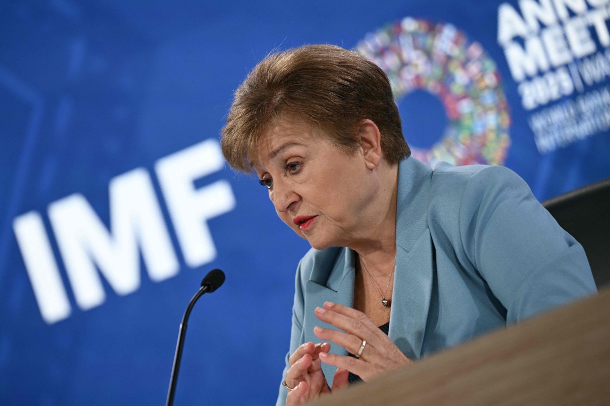 IMF Managing Director Kristalina Georgieva speaks during a press conference during the IMF/World Bank annual meetings at the IMF headquarters in Washington, DC, on October 16, 2025. (Photo by Brendan SMIALOWSKI / AFP)