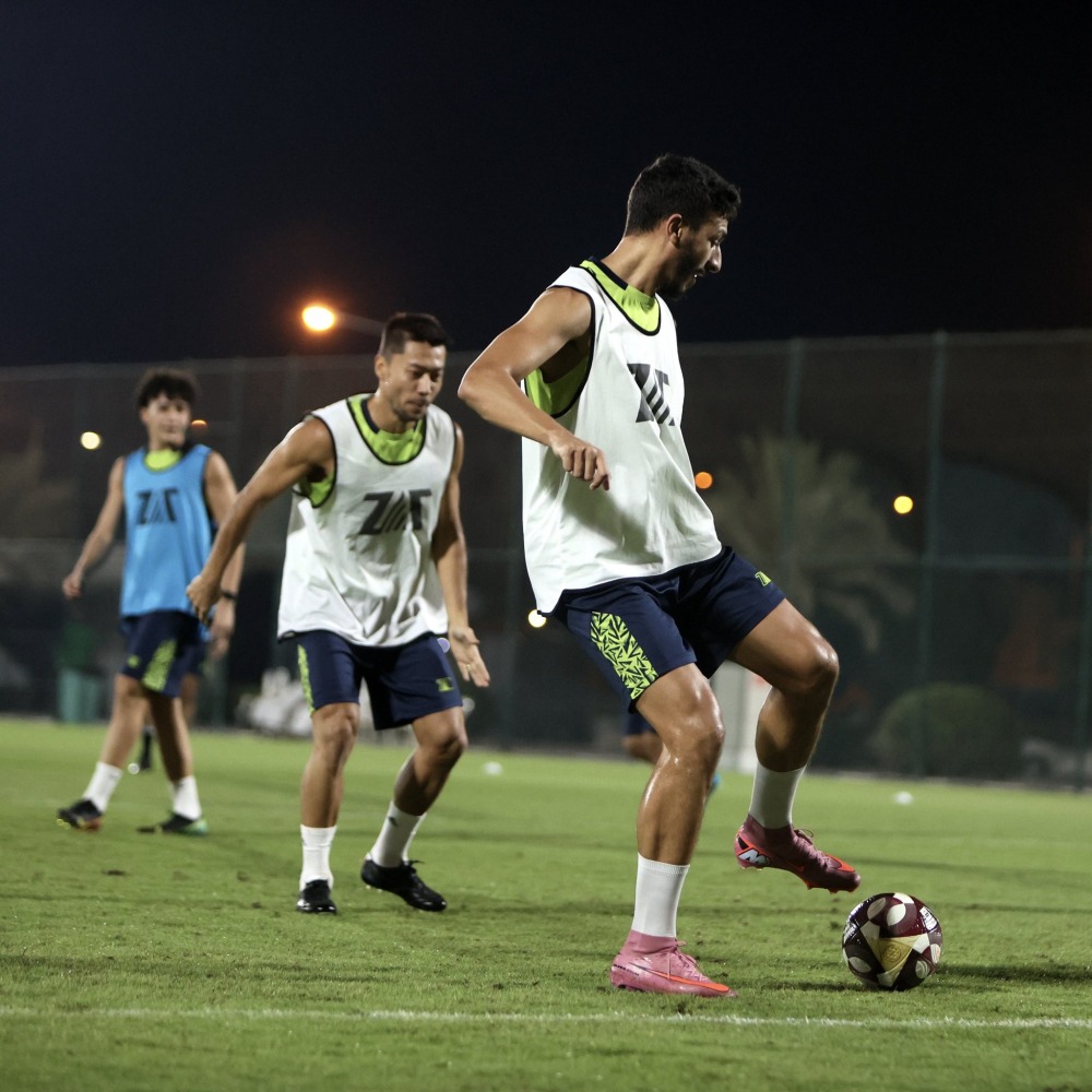 Al Kharaitiyat players in action during a training session yesterday.