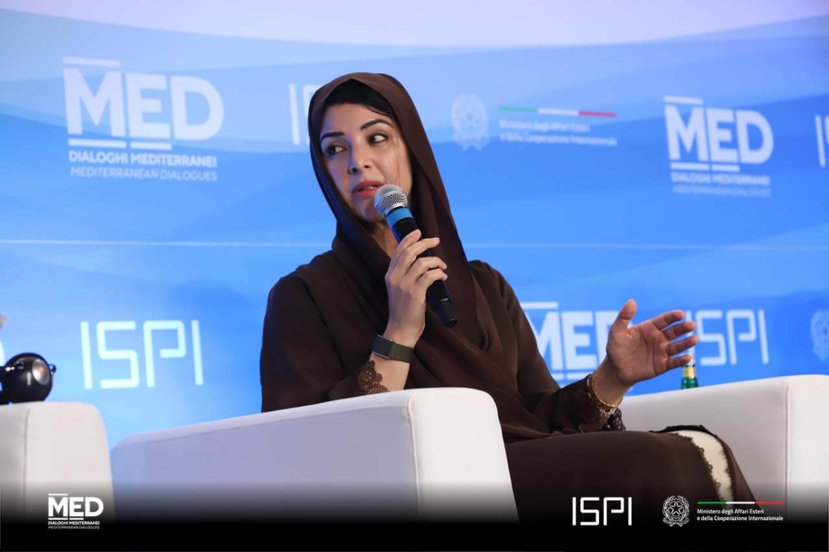 UAE's Minister of State for International Cooperation H E Reem Al Hashimy speaking at the Mediterranean Dialogues Conference in Italy. 