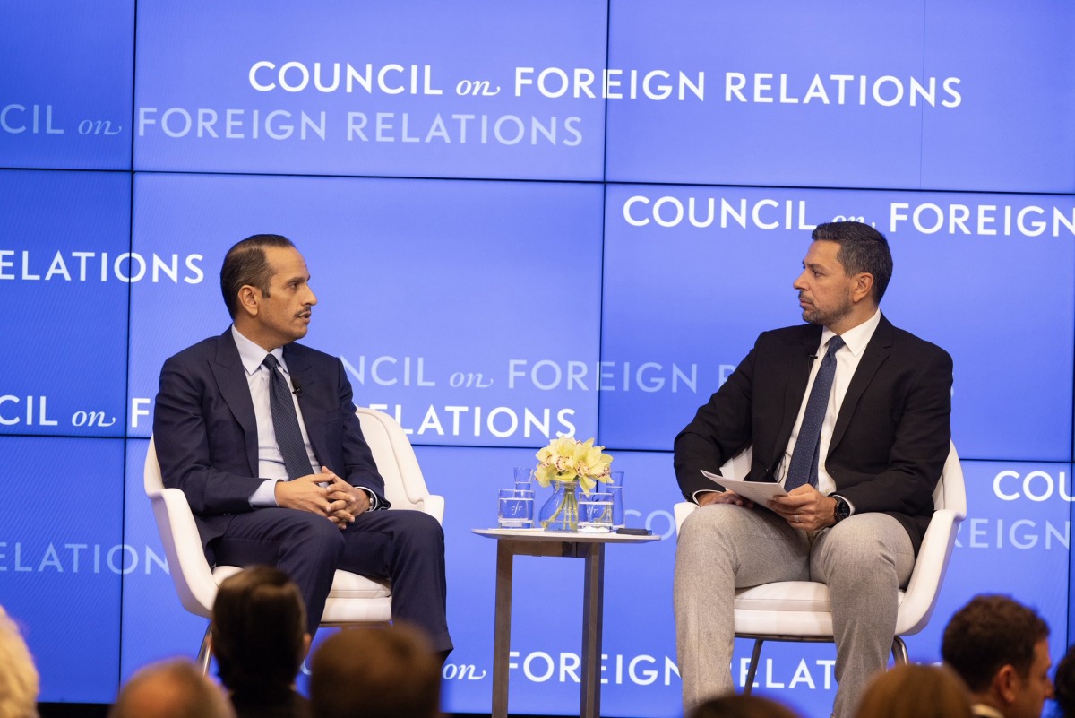 Prime Minister and Minister of Foreign Affairs H E Sheikh Mohammed bin Abdulrahman bin Jassim Al Thani speaking in a session organised by the Council on Foreign Relations.
