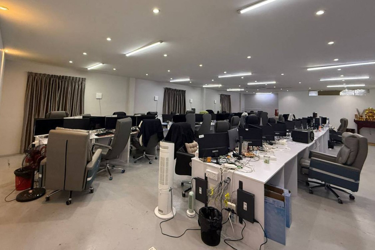 This undated handout from Agence Kampuchea Press (AKP) released on October 23, 2025 shows computer equipment during a raid on a scam centre in Phnom Penh. Photo by HANDOUT / AGENCE KAMPUCHEA PRESS (AKP) / AFP