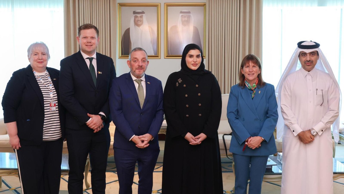 Minister of State for International Cooperation H E Maryam bint Ali bin Nasser Al Misnad during a meeting with Minister of State at the Irish Department of Rural and Community Development H E Jerry Buttimer and other officials.