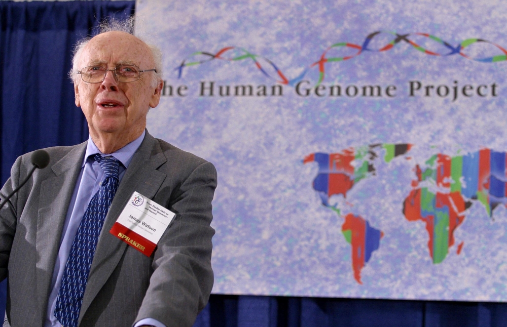 Nobel Prize laureate James D. Watson speaks at a press conference to announce that a six-country consortium has successfully drawn up a complete map of the human genome. Photo by AFP