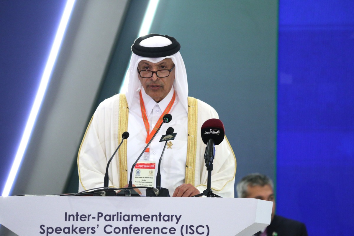 Shura Council Speaker H E Hassan bin Abdullah Al Ghanim addressing the Inter-Parliamentary Speakers’ Conference in Islamabad.