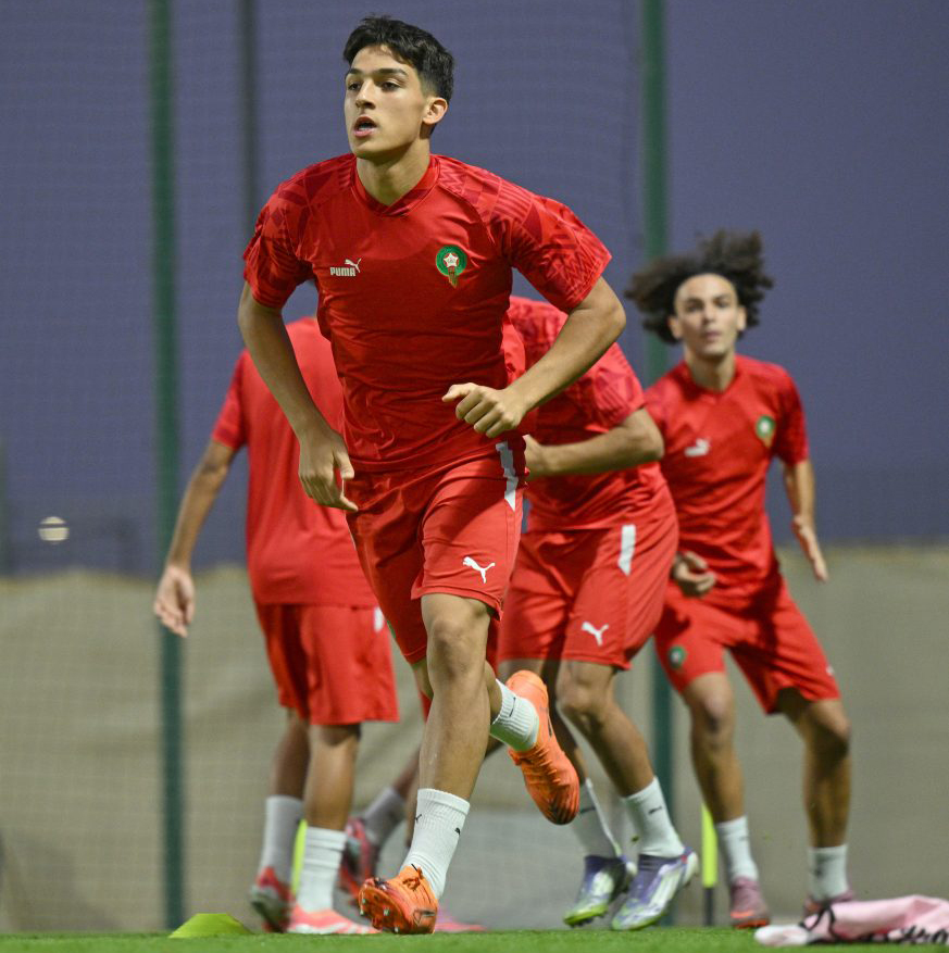Morocco U-17 players during a training session in Doha yesterday.