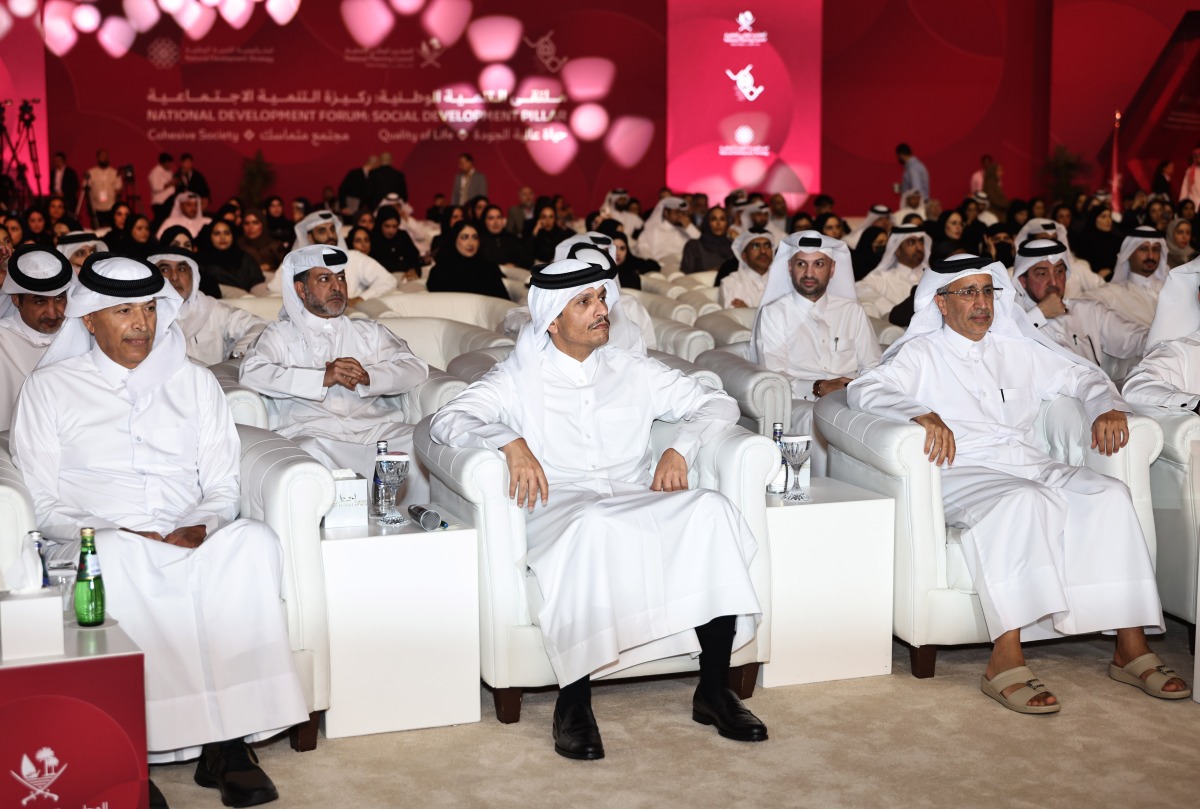 Prime Minister, Minister of Foreign Affairs, and the President of the National Planning Council (NPC), H E Sheikh Mohammed bin Abdulrahman bin Jassim Al-Thani along with Their Excellencies the Ministers and senior officials attending the forum at the Doha Exhibition and Convention Center yesterday.