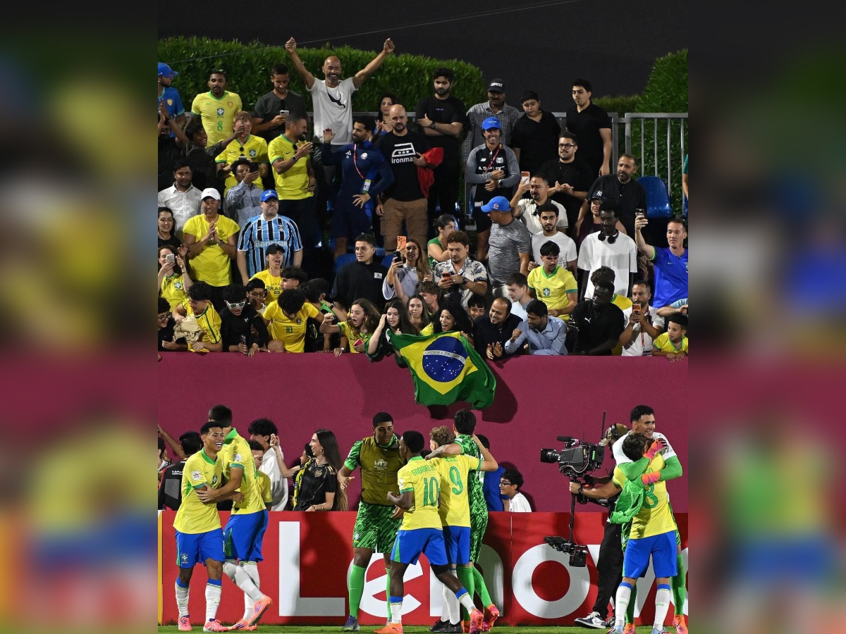 Brazil players celebrate after winning the match. PIC: CBF