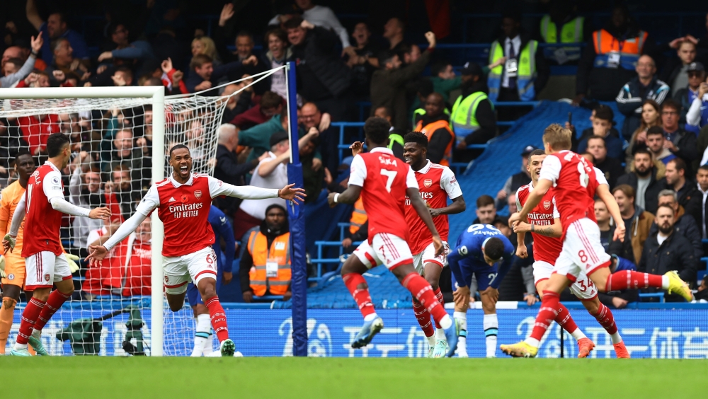 FILE PHOTO: Arsenal's Gabriel Magalhaes celebrates scoring their goal with teammates during the EPL match against Chelsea at Stamford Bridge, London, on November 6, 2022. REUTERS/Hannah Mckay