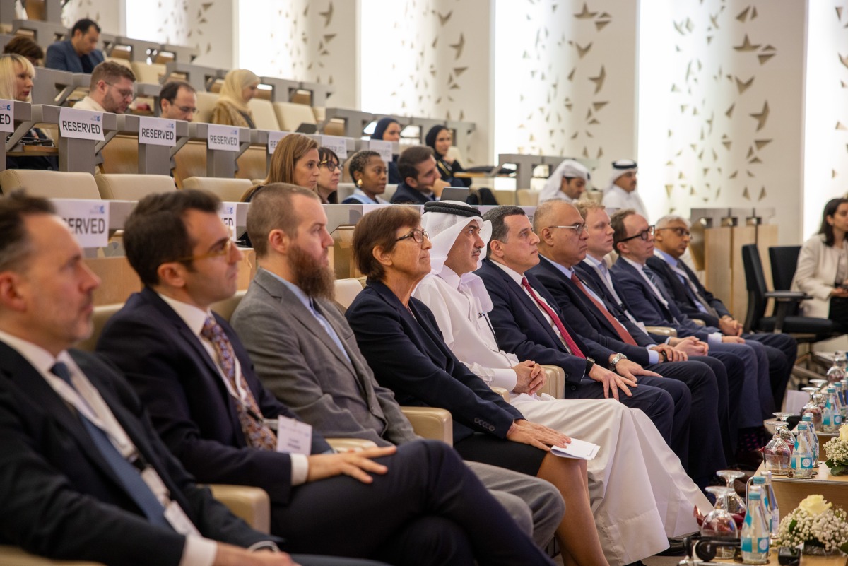 Minister of State for Foreign Trade Affairs H E Dr. Ahmed bin Mohammed Al-Sayed, Dean of the College of Law at HBKU Dr. Susan L Karamanian along with other officials during the event.