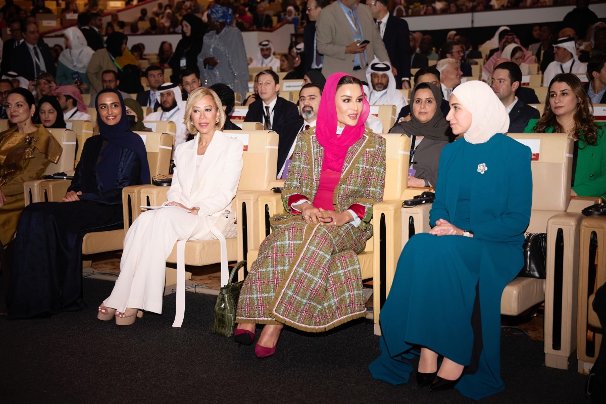 Chairperson of the Education Above All Foundation H H Sheikha Moza bint Nasser;  Vice Chairperson of Qatar Foundation H E Sheikha Hind bint Hamad Al-Thani; First Lady of Syria H E Latifa Al Droubi; the First Lady of Lebanon H E Nehmat Aoun at a high level plenary session during WISE 12, yesterday. 
