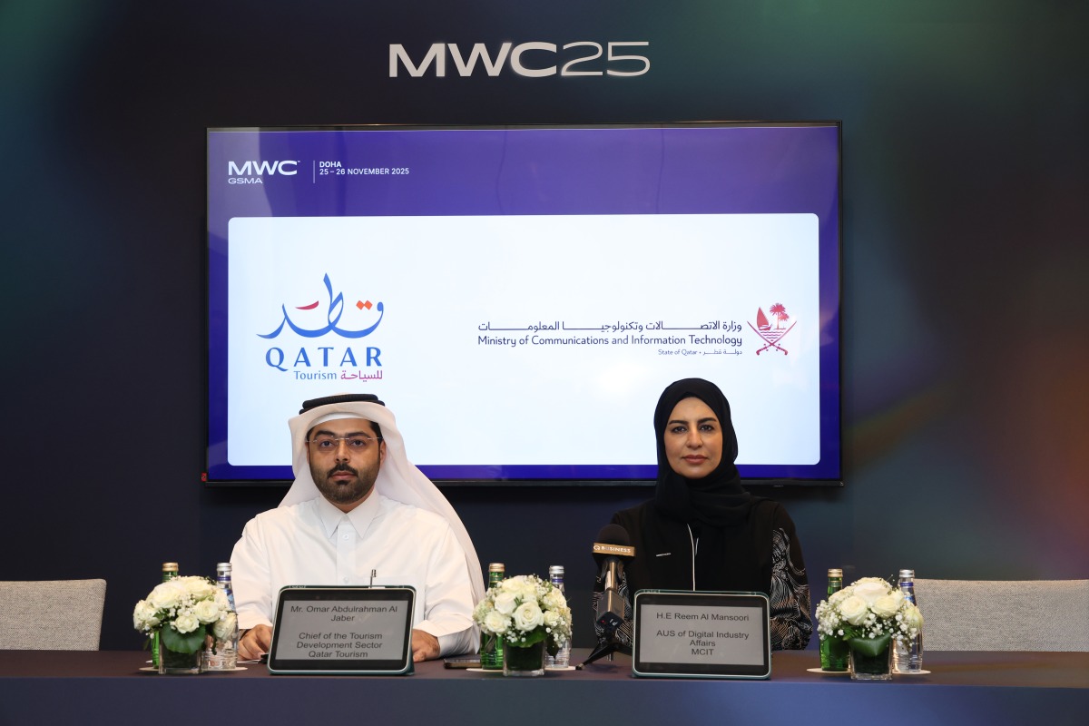 Assistant Undersecretary for Digital Industry Affairs at MCIT H E Reem Al Mansoori, and Chief of the Tourism Development Sector, Omar Al Jaber at Qatar Tourism during the press conference.