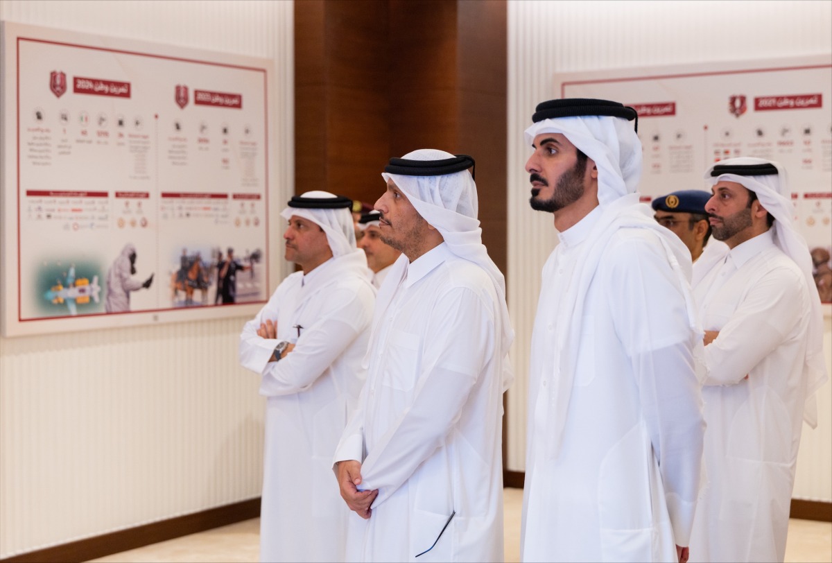 Prime Minister and Minister of Foreign Affairs H E Sheikh Mohammed bin Abdulrahman bin Jassim Al-Thani and other Ministers attending the conclusion of the Watan 2025 exercise yesterday.
