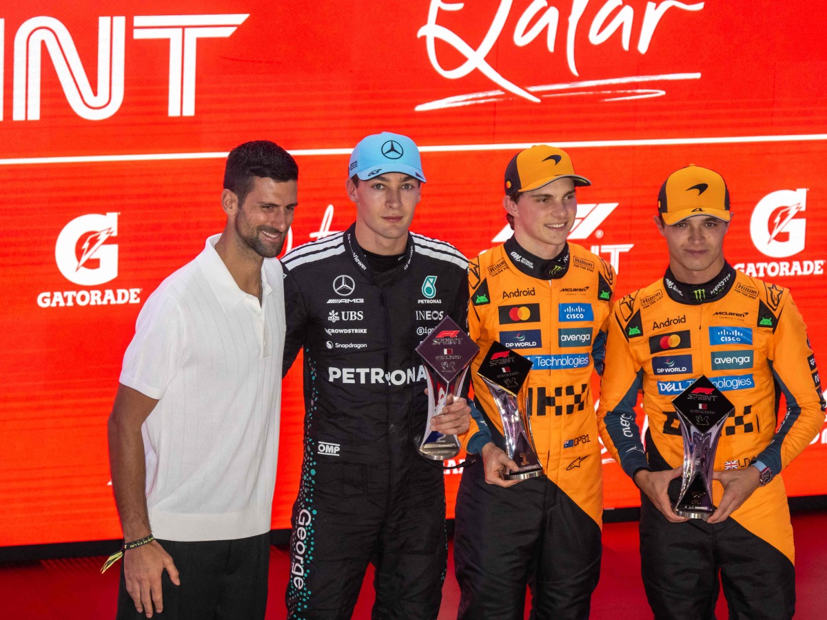 FROM LEFT: Serbian tennis player Novak Djokovic, Mercedes’ British driver George Russell, McLaren’s Oscar Piastri and  McLaren’s Lando Norris pose for a photo after the sprint race. PICS: AFP