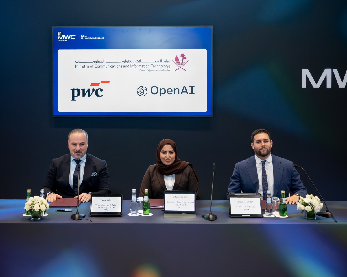 Director of the Digital Innovation Department at MCIT Iman Ahmed Al-Kuwari, Technology Consulting Partner at PwC Middle East Yazan Al Safi, and Head of Enterprise for MENA at OpenAI Farouk El Hamzawi during the agreement signing.v