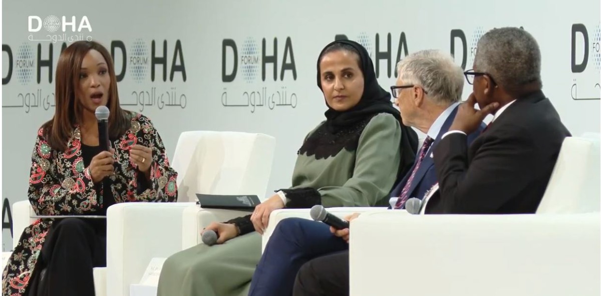 Chairperson of Qatar Museums H E Sheikha Al Mayassa, Co-chair of the Bill & Melinda Gates Foundation Bill Gates and President of the Dangote Foundation Aliko Dangote during the panel discussion.