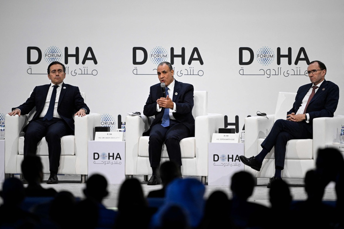 From left: Spain’s Foreign Minister Jose Manuel Albares, Egypt’s Foreign Minister Badr Abdelatty and Norway’s Foreign Minister Espen Barth Eide during the opening of the Doha Forum 2025 yesterday. (AFP)