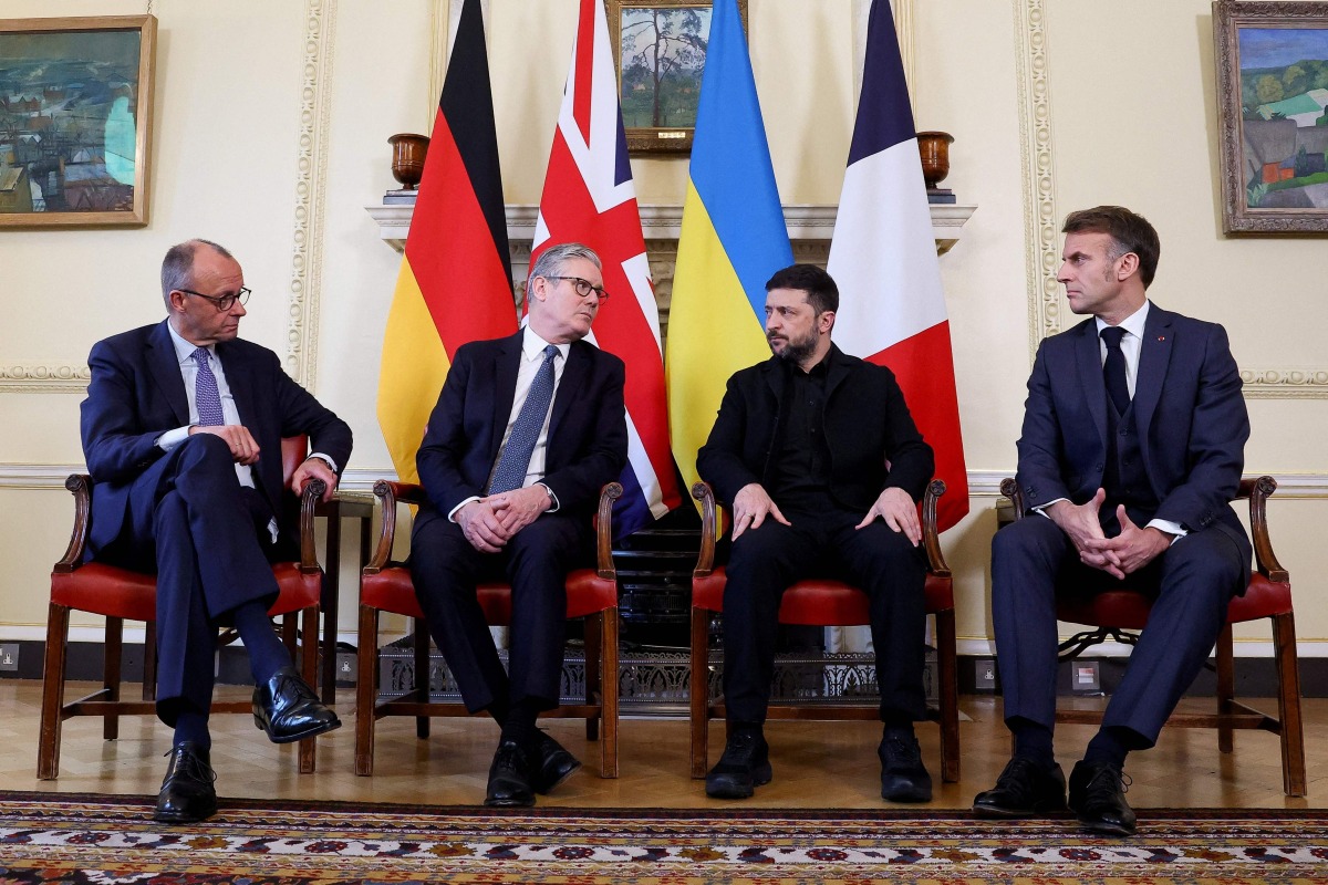 FROM LEFT: Germany’s Chancellor Friedrich Merz, Britain’s Prime Minister Keir Starmer, Ukraine’s President Volodymyr Zelensky and French President Emmanuel Macron during the meetings. (AFP)
