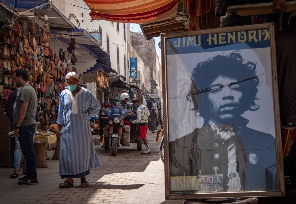 File photo: A picture taken in the Moroccan coastal city of Essaouira shows portraits of late US guitarist Jimi Hendrix on September 10, 2020. AFP / FADEL SENNA


