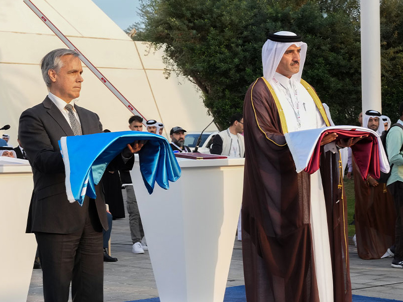 ACTA  President H E Hamad bin Nasser Al Misnad and Acting Executive Director of UNODC H E John Brandolino at the flag-raising ceremony yesterday. 