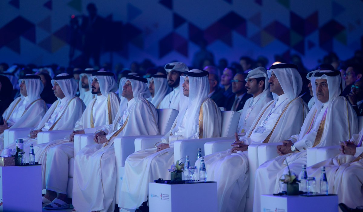 Prime Minister and Minister of Foreign Affairs H E Sheikh Mohammed bin Abdulrahman bin Jassim Al Thani and other dignitaries during the opening of eleventh session of the Conference of the States Parties to the United Nations Convention against Corruption in Doha yesterday.