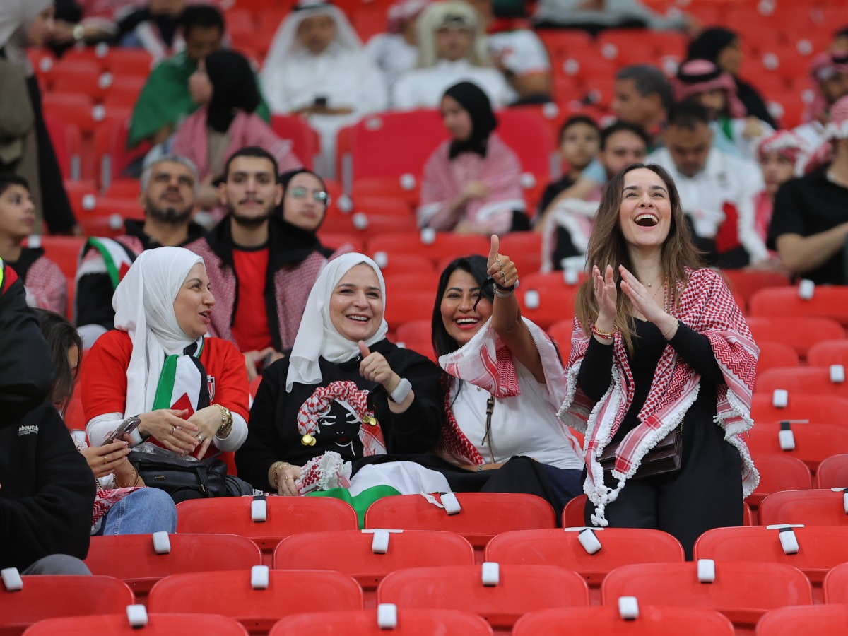 Fans cheer during the FIFA Arab Cup semi-final between Jordan and Saudi Arabia at Al Bayt Stadium on Monday.