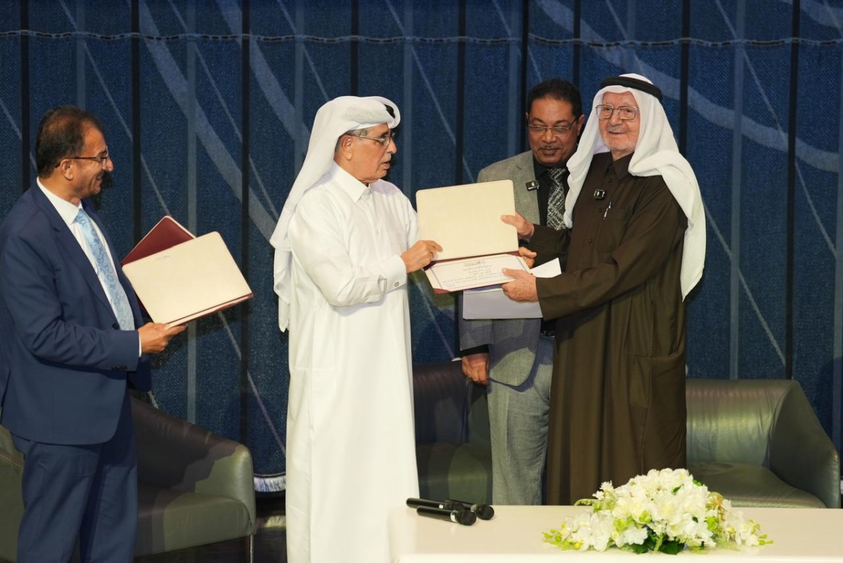 Minister of State and President of Qatar National Library H E Dr. Hamad bin Abdulaziz Al Kawari with other officials and guests during the event.