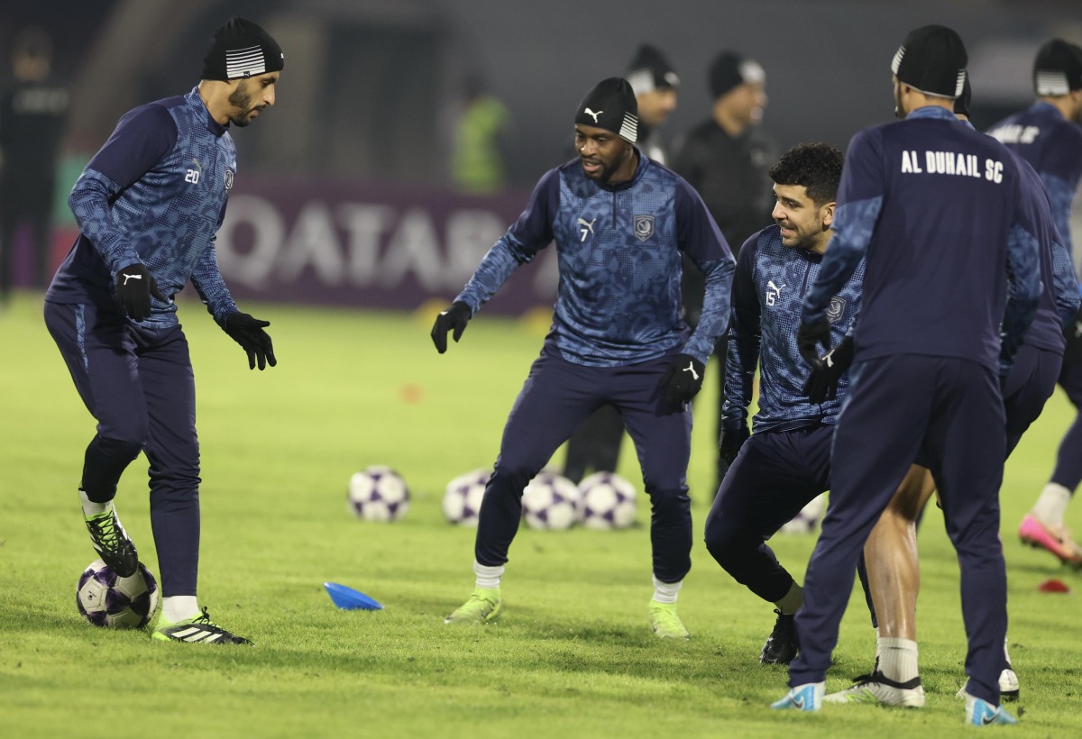 Al Duhail players take part in a training session in Tabriz, Iran, yesterday.