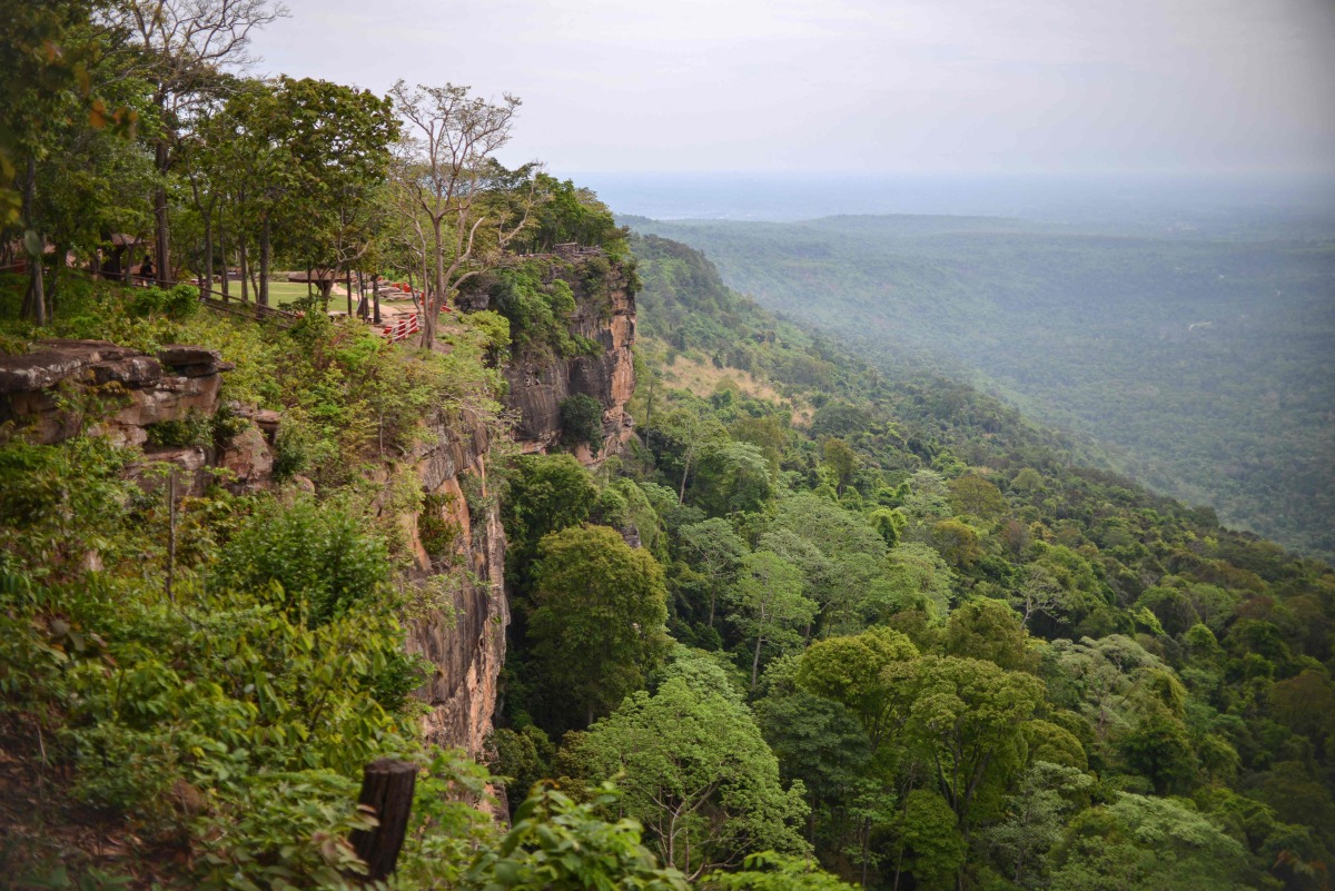 This picture taken on May 29, 2024, shows a general view of the border between Thailand (L) and Cambodia (R) at Khao Phra Viharn national park in the Kantharalak district of Thailand's Sisaket province. (Photo by Amaury PAUL / AFP)
