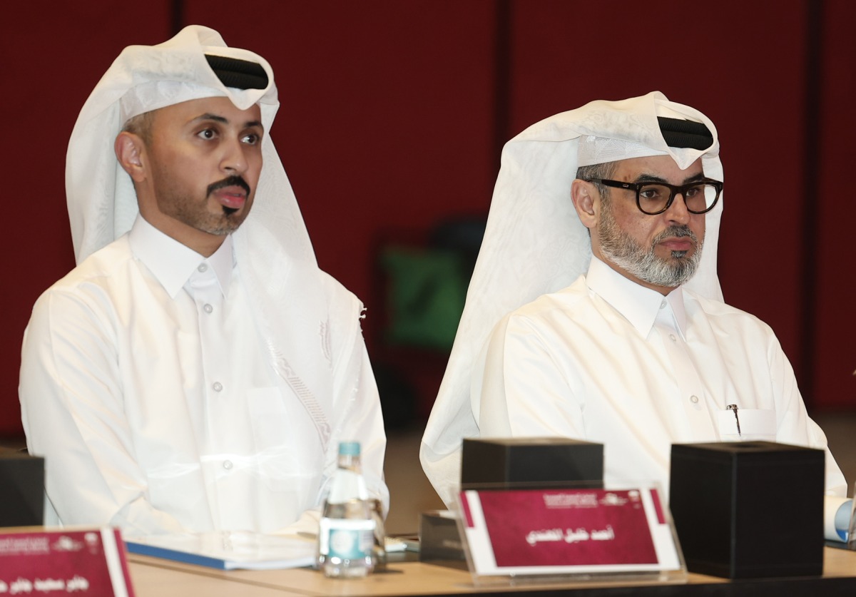 Newly elected QTTA President Hamad Ahmed Al-Hammadi (right) and Secretary General Ahmed Khalil Al-Mohannadi attend the General Assembly yesterday.