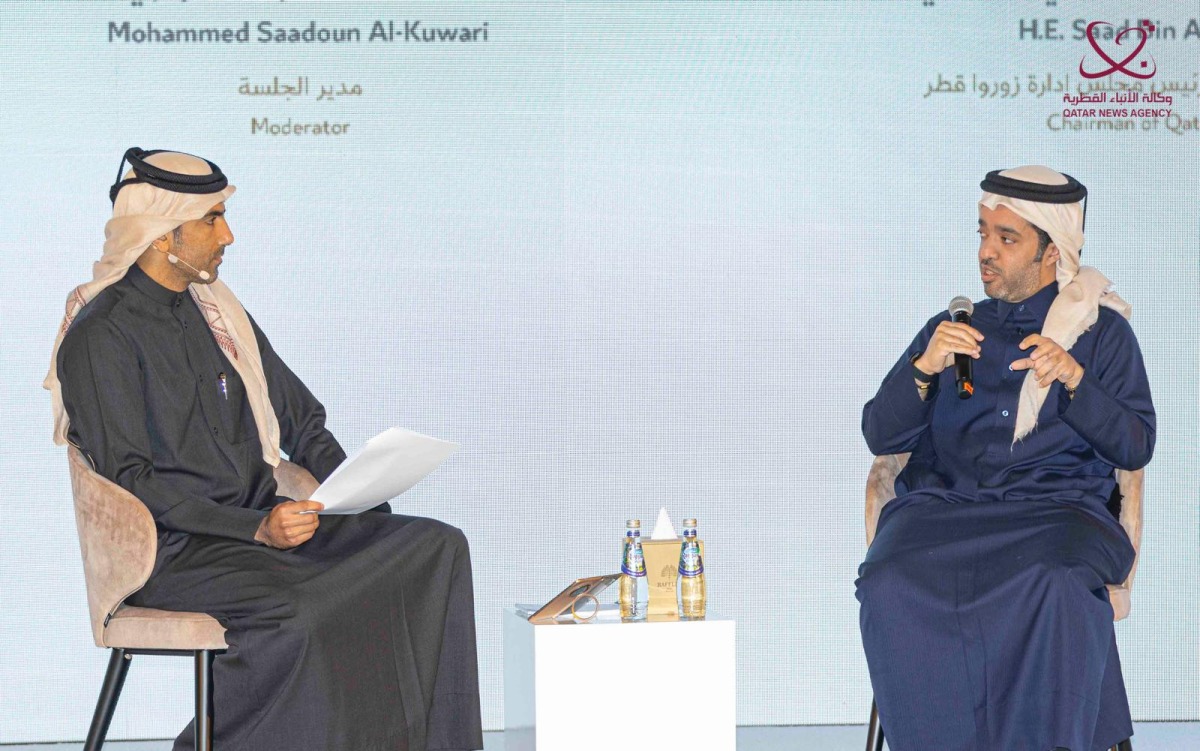 Chairman of Qatar Tourism H E Saad bin Ali Al Kharji (right) speaking at the session yesterday. 