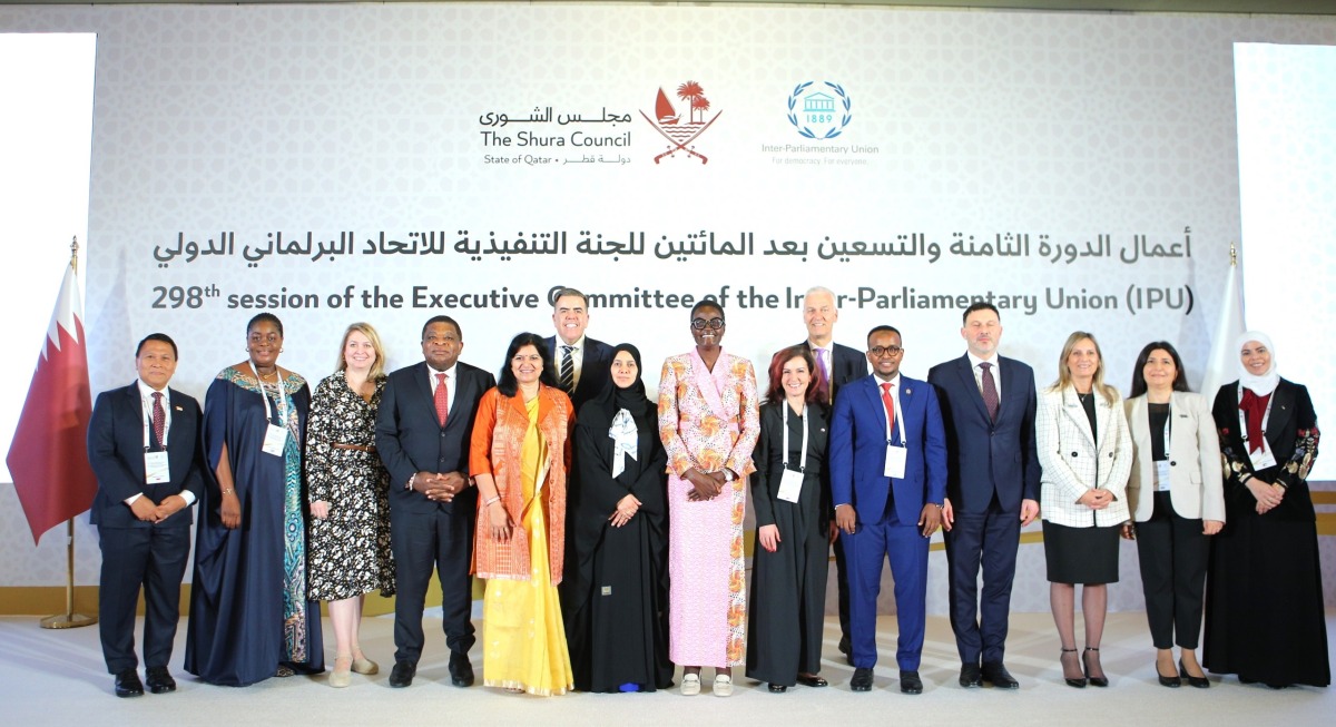 Deputy Speaker of Shura Council H E Dr. Hamda bint Hassan Al Sulaiti (sixth left) with President of Inter-Parliamentary Union and Chair of the Executive Committee H E Dr. Tulia Ackson (centre) and other officials at the event.